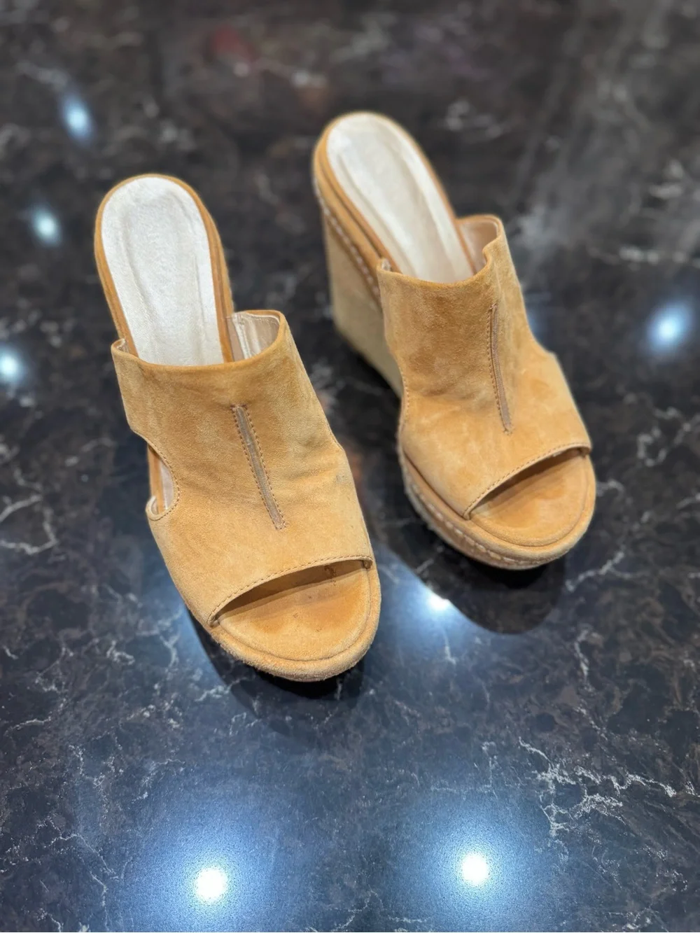 Stuart Weitzman Suede Espadrille Wedge Slides in Tan